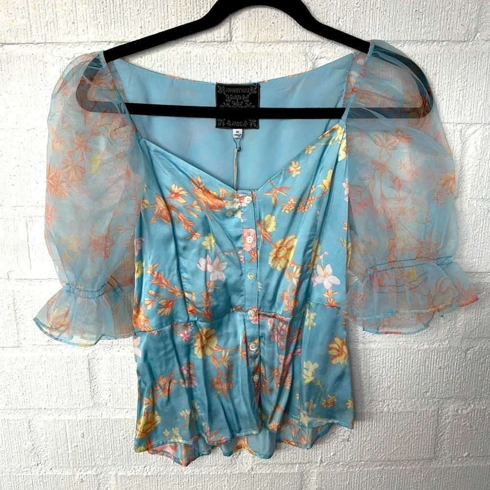 Johnny Was Silk Blue Floral Puff Sleeve Blouse size XS